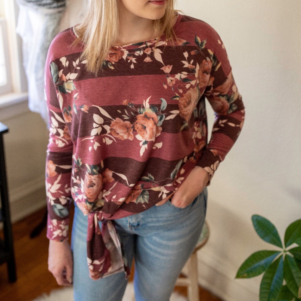 Burgundy Floral Long Sleeve Top